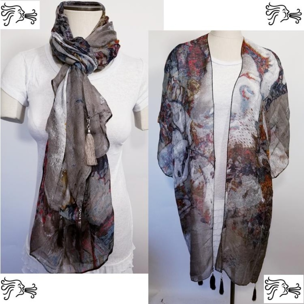 Gray Scarf Kimono One Size Polyester Lightweight